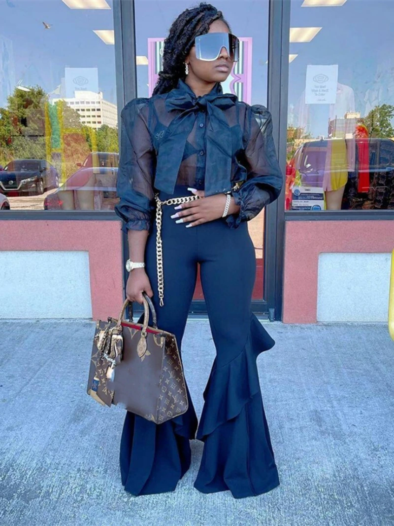 

See Through Tracksuit Women Two Piece Set Spring Clothes Bow Collar Mesh Shirt Top and Flare Pant Sets Womens 2 Piece Outfit Set