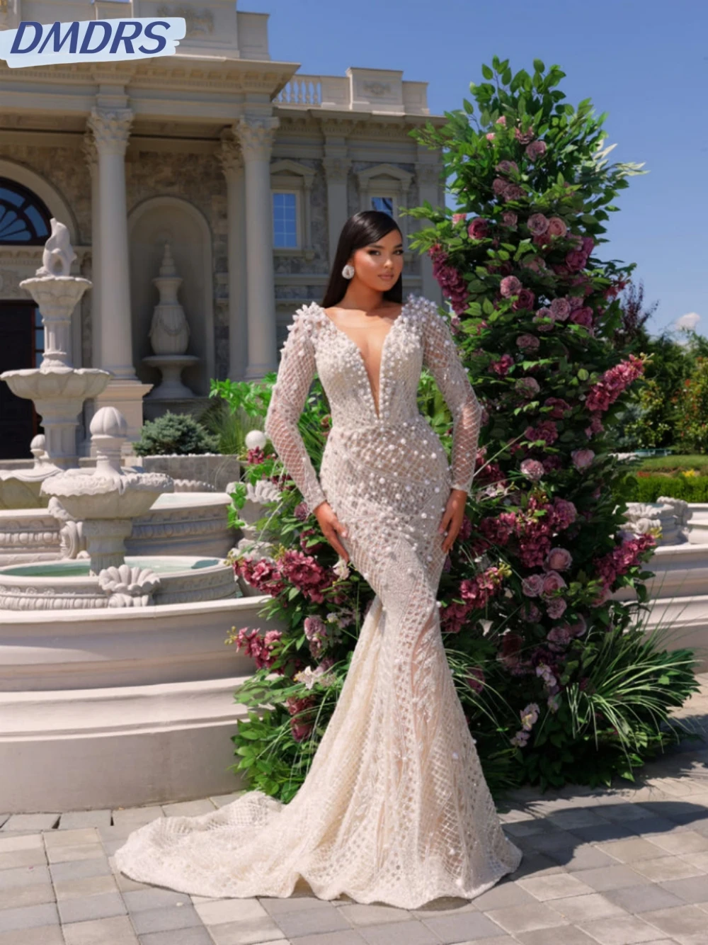 

Simple O-neck Long Sleeve Prom Gown Sparkly Beads Crystal Evening Dress Luxury Pearls Long Cocktail Dresses Robe De Mariée