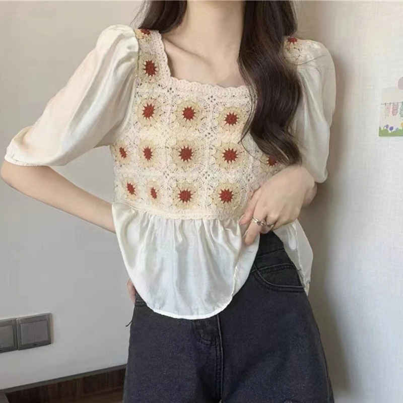 

Women Puff Short Sleeve Crop Top Hollow Crochet Floral Ruffle Hem Blouse Shirt F3MD
