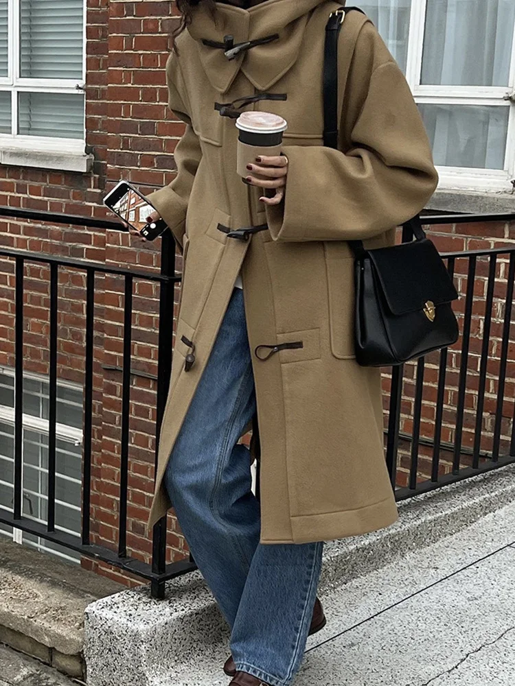 

2023 двустороннее флисовое пальто с капюшоном и пуговицами, Женское шерстяное пальто средней длины в академическом стиле для уменьшенного возраста