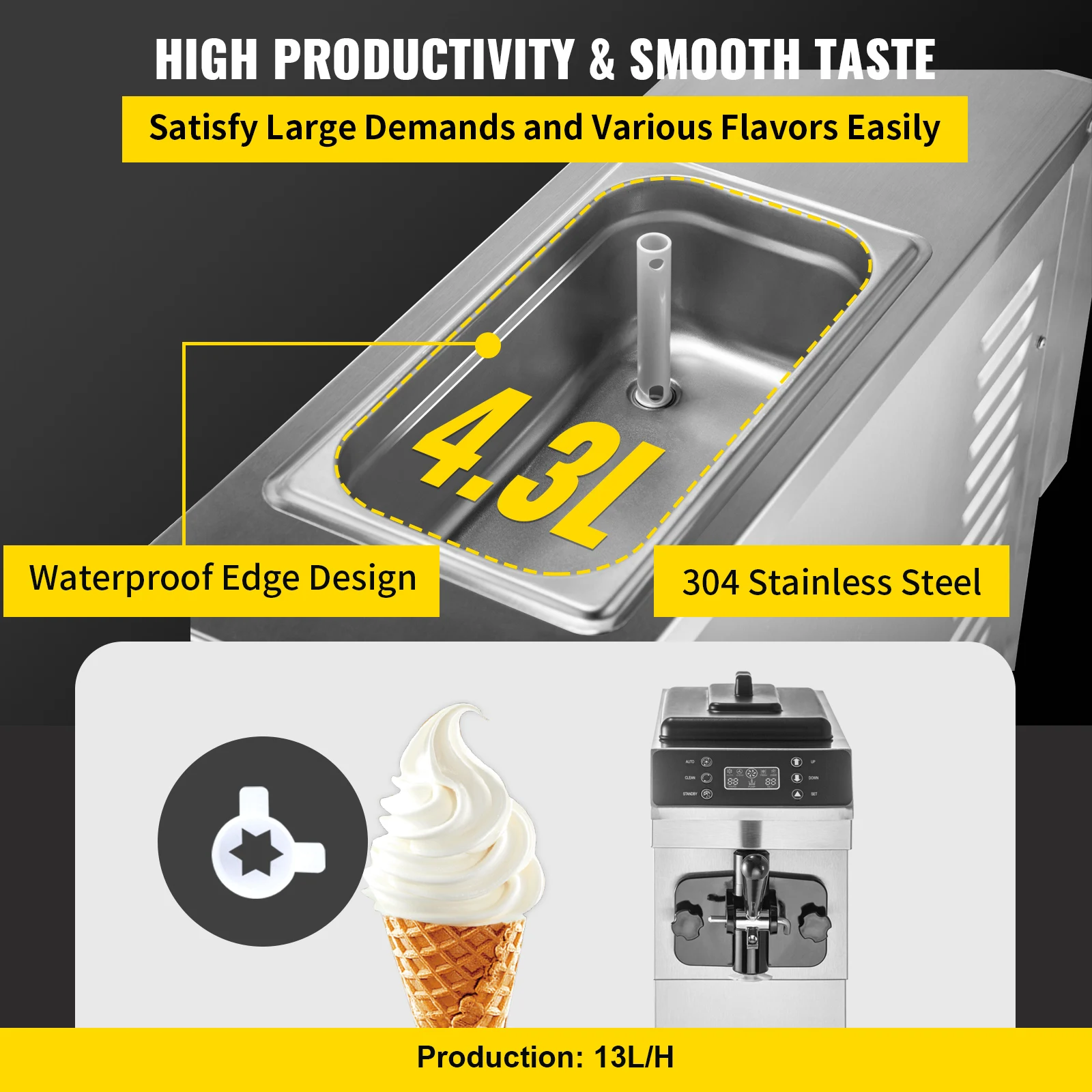 VEVOR 13L/H Commercial Soft Ice Cream Maker Single-Flavor Benchtop 1200W Countertop Vending Machine for Business Snacks Drinks 3