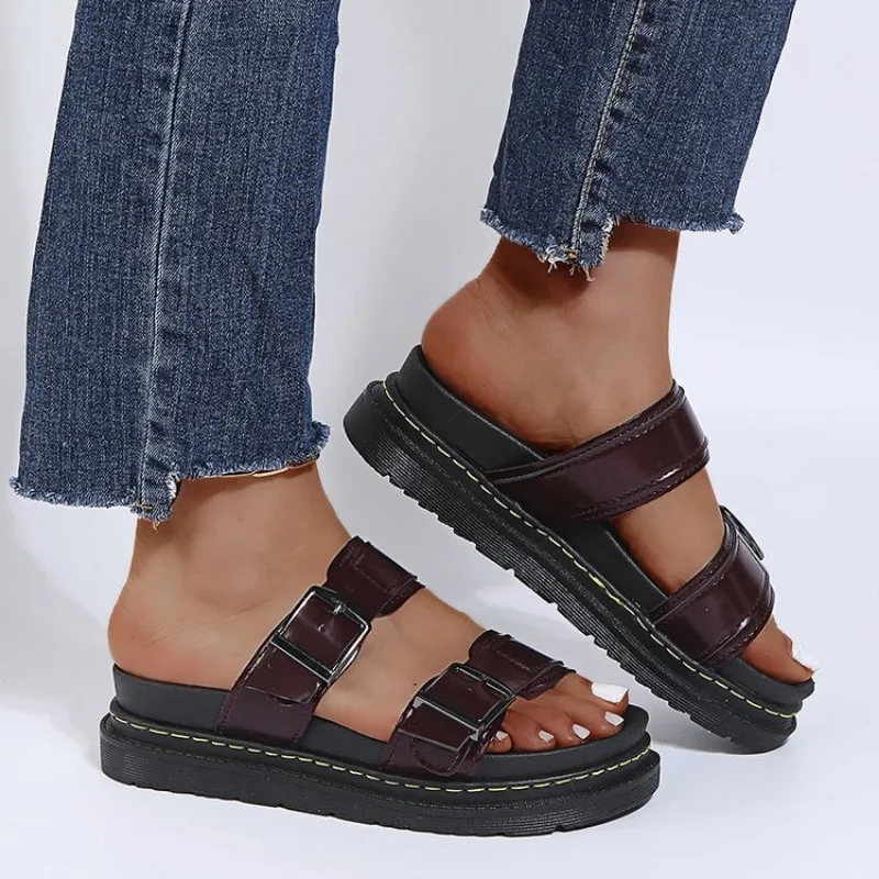 thumbnail image 1 of 2024 nuevas zapatillas de mujer, zapatos de cuero de verano, plataforma, punta abierta, hebilla, zapatillas de plataforma para mujer, negras, blancas, zapatillas para mujer, 1 of 5