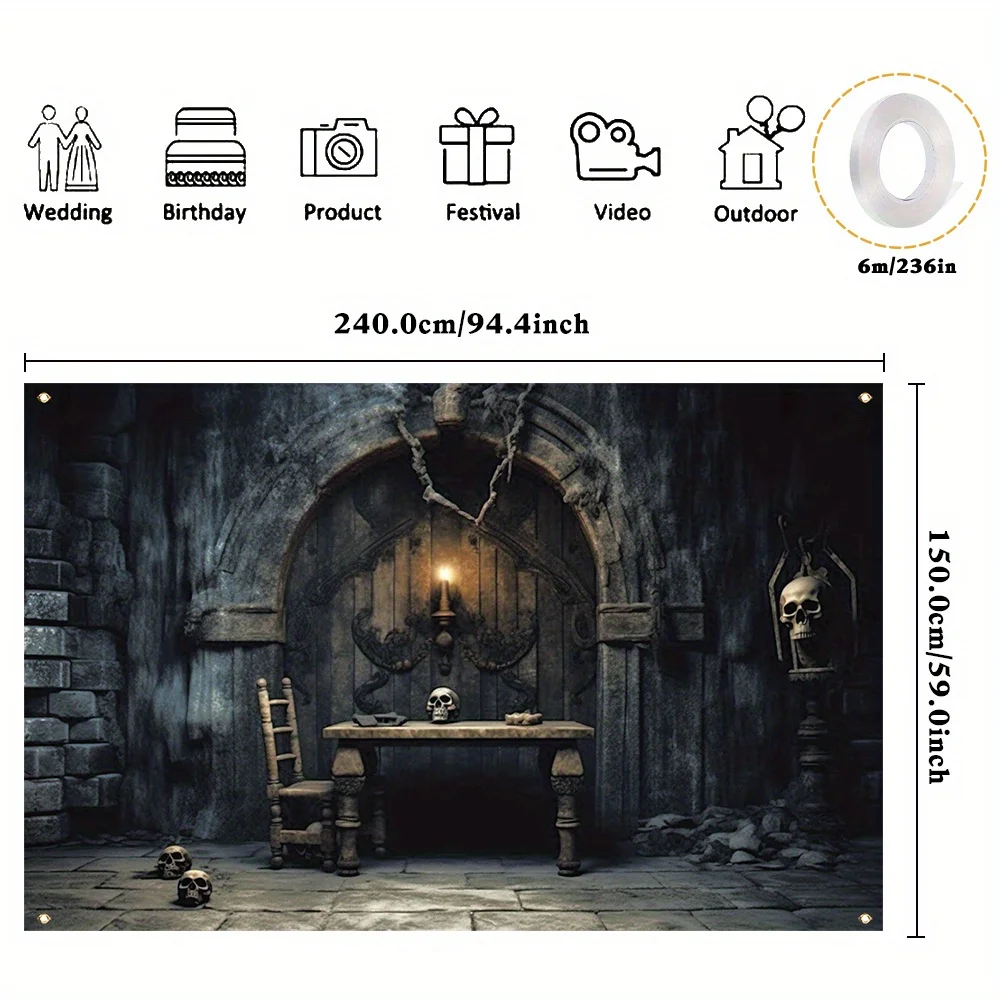Description Picture 4 of item1 piece, Halloween polyester decorative banner, retro dungeon photography background cloth, Halloween happy horror thriller