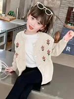 Cardigan pull pour filles printemps et automne nouveau style coréen à la mode pour enfants, veste tricotée à fleurs brodées, tendance pour grands enfants 6