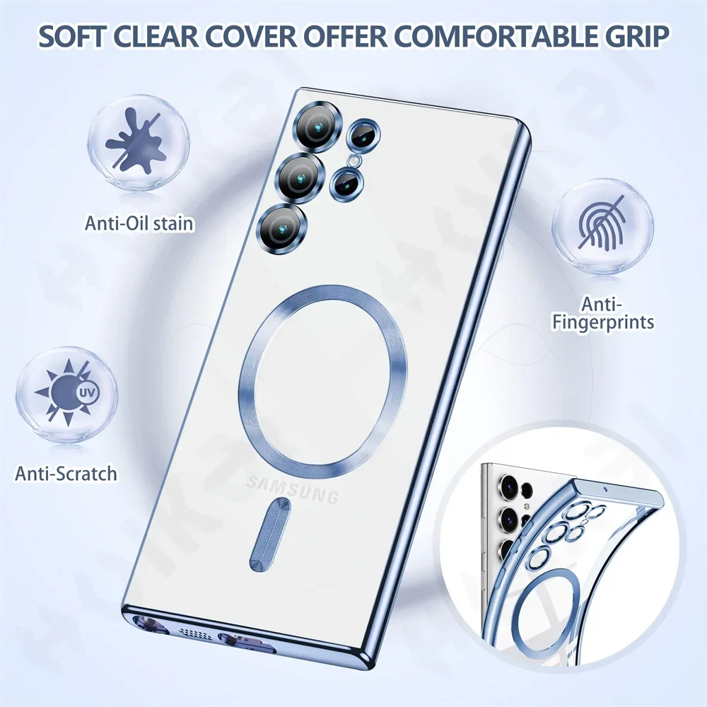 Magsafe capa para samsung s24 s23 s22 s21 ultra plus note 20 10, silicone transparente, câmera completa, cristal magnético, capa para carro_voghion.com