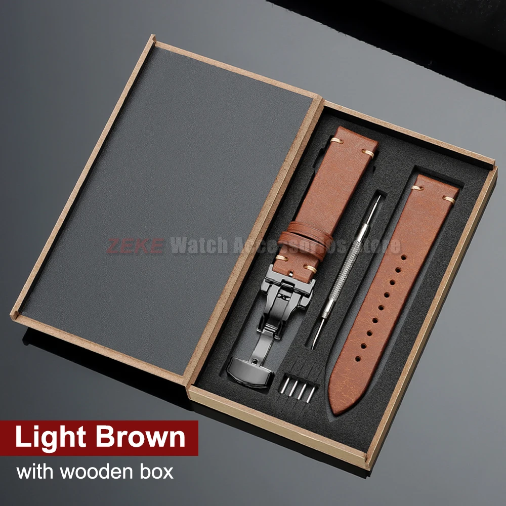 Elegant Genuine Leather Watch Band with Wooden Box & Butterfly Clasp Bracelet