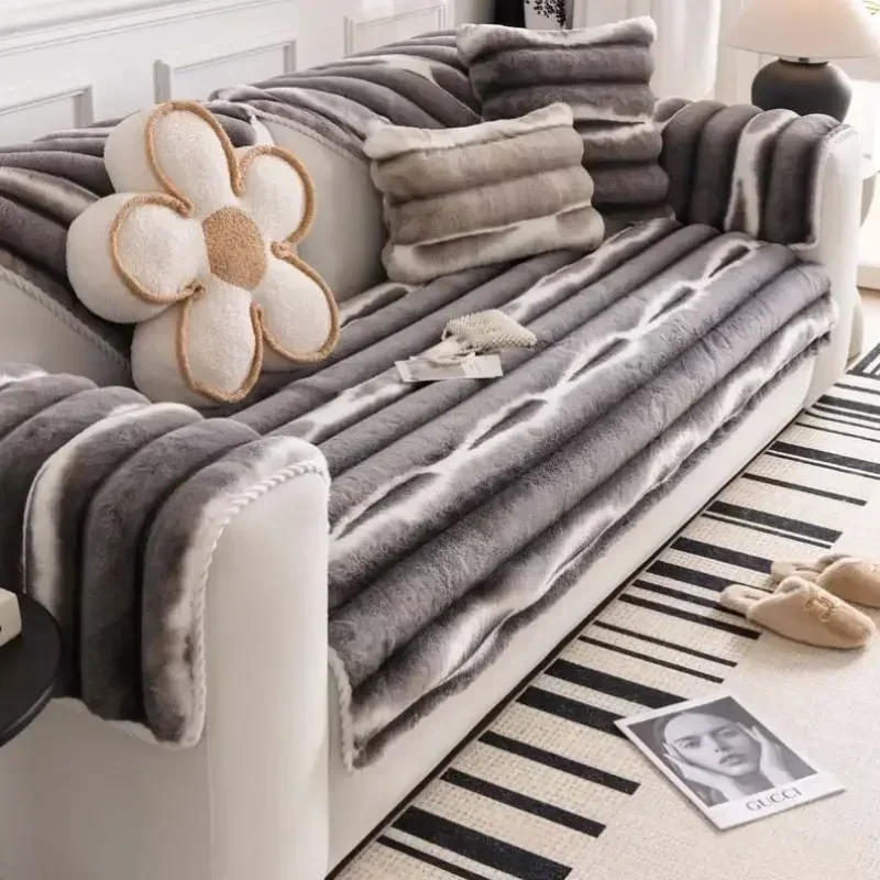 Printed Rabbit Plush Sofa Towel Warm Soft Thick Non-slip Anti-cat Scratch Sofa Cover Sectional L-shaped Couch Cover