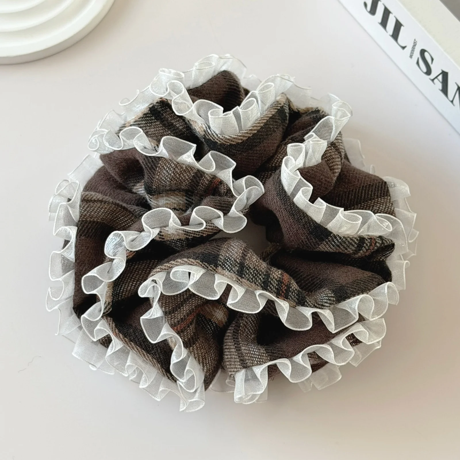 1PC Academy Style Plaid Ruffle Scrunchie,Checkered Lace Hair Ties,Stylish School Outfit Hair Accessories,Elegant Daily