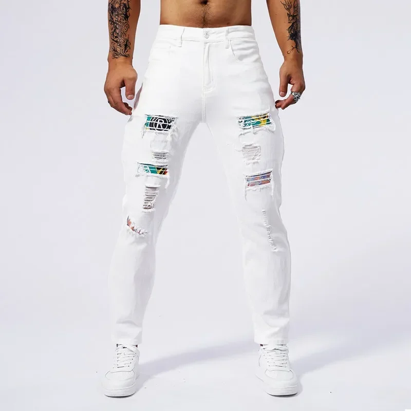White 97% Cotton Jeans Men Clothing New Ripped Slim Patchwork Fashion Hole Skinny Elasticity Denim Trousers Male Streetwear 6