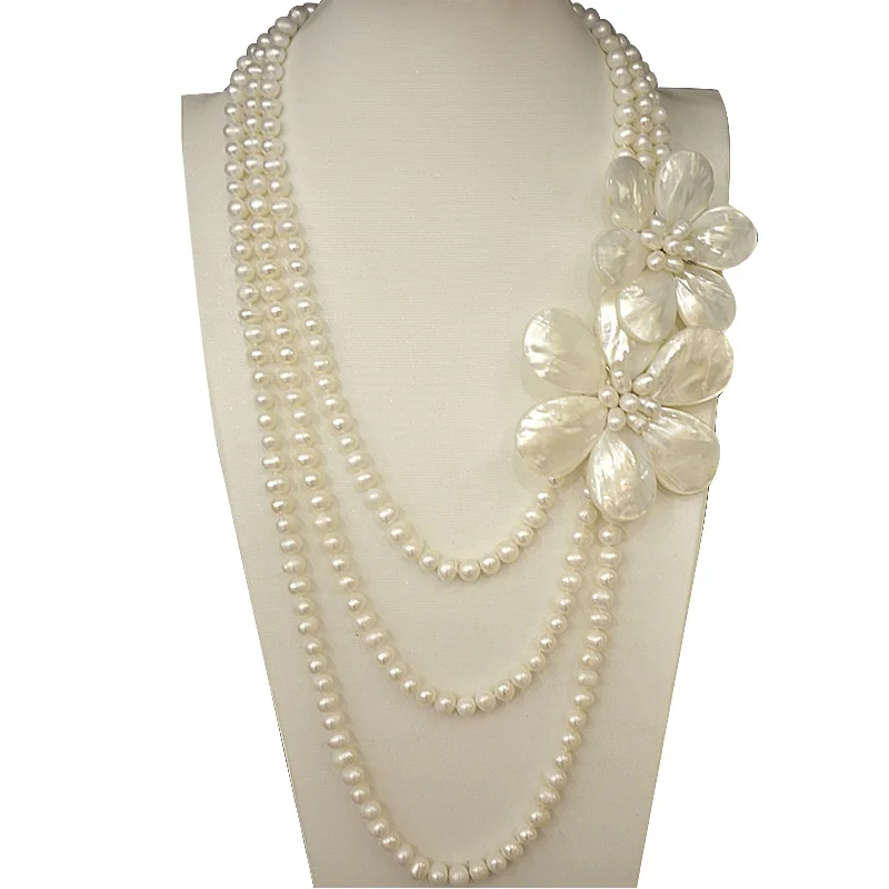 

3 rows Freshwater white 6-7MM Pearl Mother of pearl Sea Shell Pearl flower Necklace