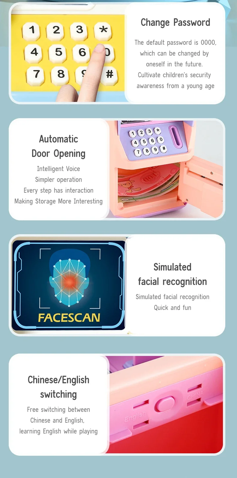 Piggy Bank ATM Machine Safe Box Money Bank ATM Music Electronic Cartoon Bank Face Unlock Kids Toy Auto Scroll Paper Bank