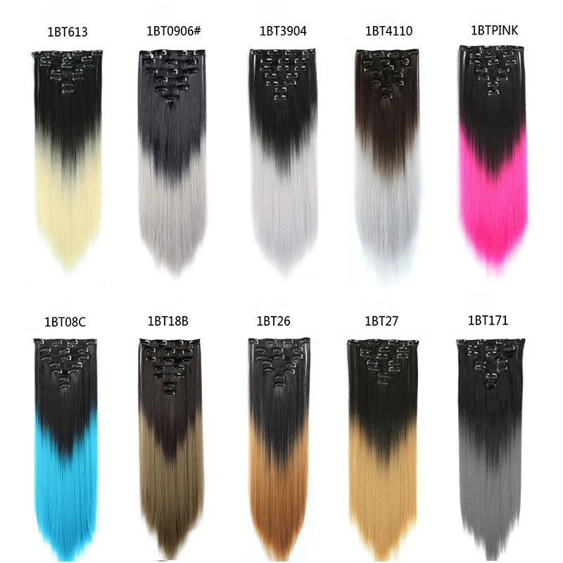 

Similler 22inch 16Clips Full Head Straight Synthetic Hairpieces Heat Resistant Black To Grey Ombre Clip In Hair Extension