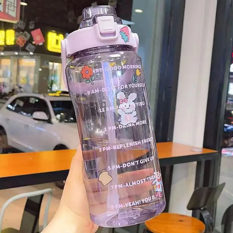 Large Capacity 2L Sports Water Bottle with Straw and Time Marker