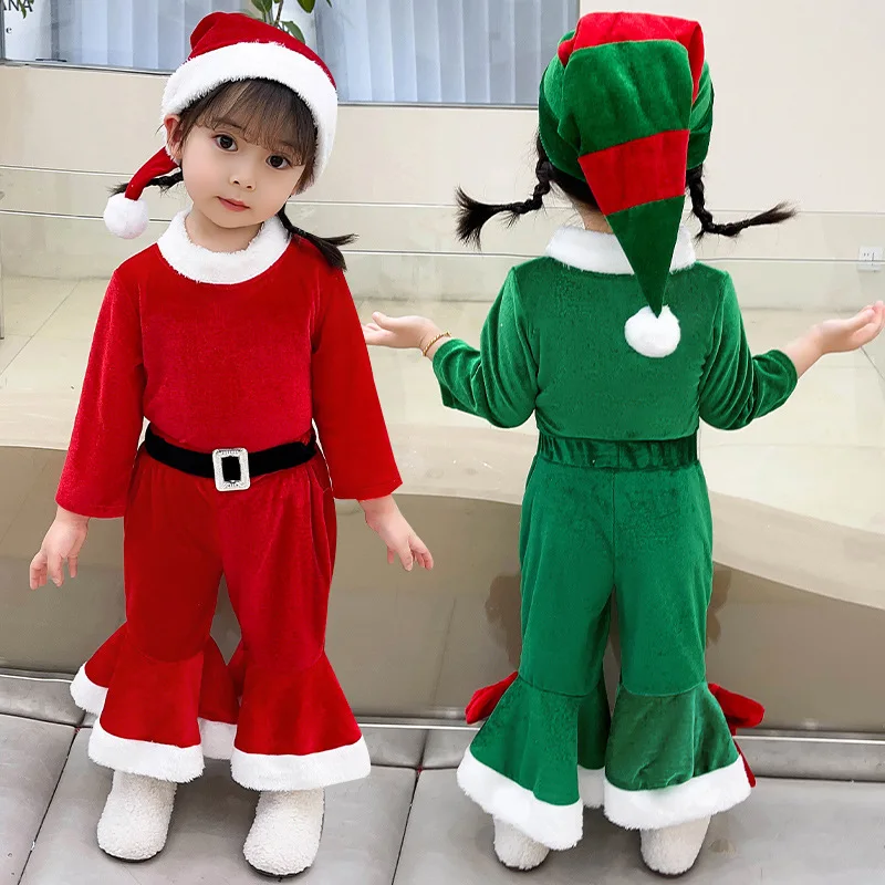 

Kids Christmas Costume Santa Claus Toddler Baby Xmas Clothes New Year Party Red Long Sleeved Top Flared Pants Set For Children