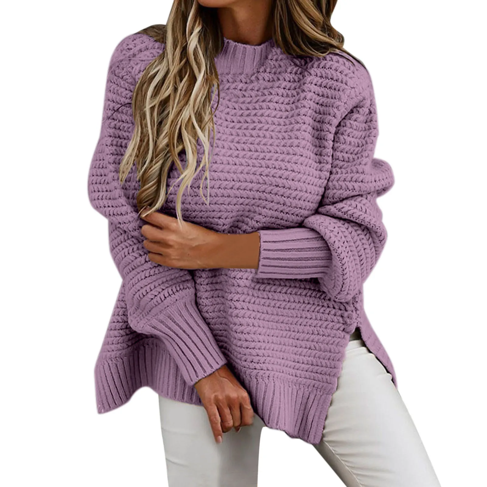 Tavimart Women's Loose Knitted Sweater Pullovers for Fall and Winter Solid Color Full Puff Sleeve High Neck Skinny Short Casual Sweaters