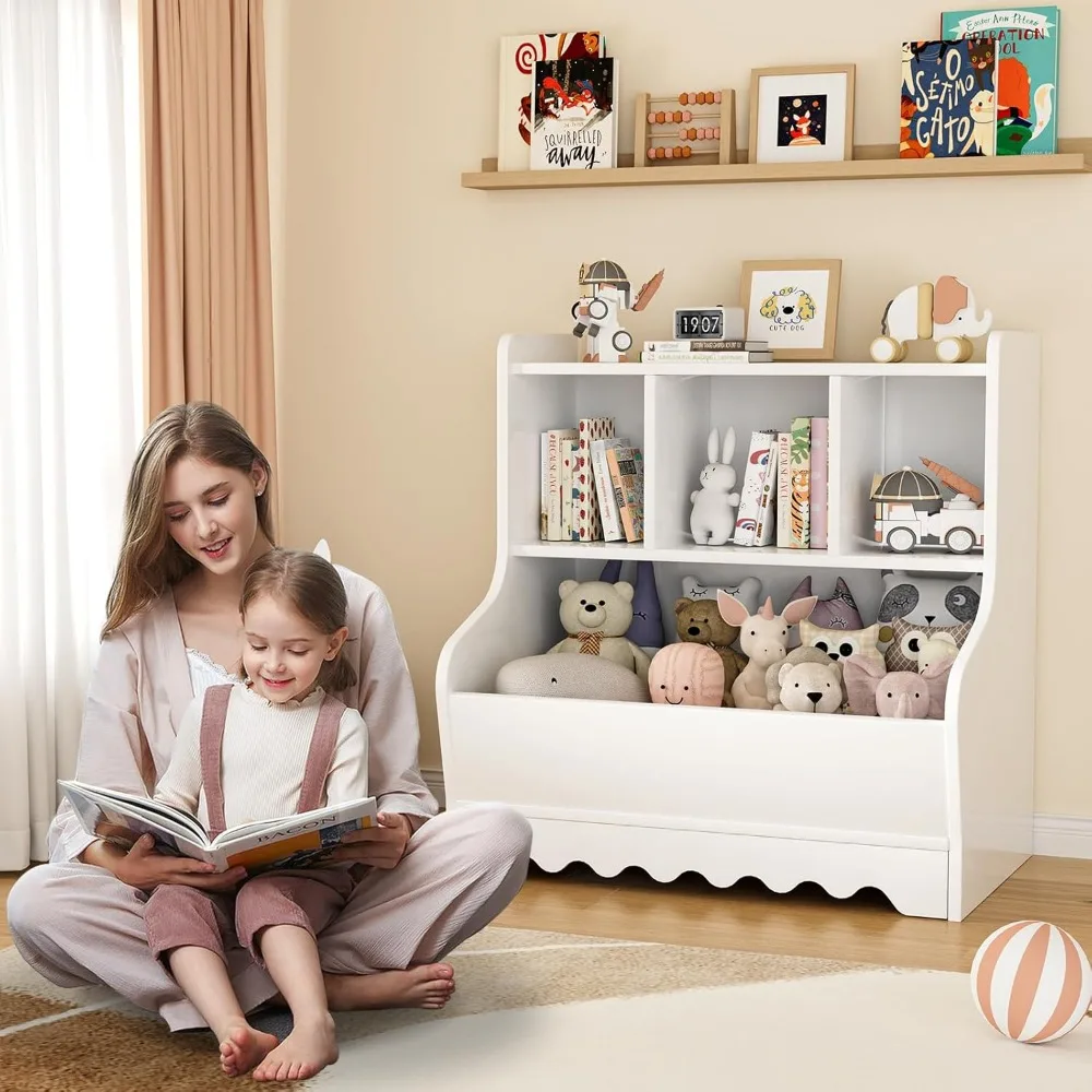 Kids Bookshelf, Toddler Toy Storage Organizer, Wooden 4 Cubby Children Book Shelf for Playroom, Bedroom, Nursery, Classroom 5