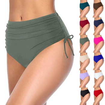 Basic Tight Swimming Bottoms for Female Solid Color High Waist Full Coverage Bikini Split Swimsuit Briefs Beach Drawstring Trunk