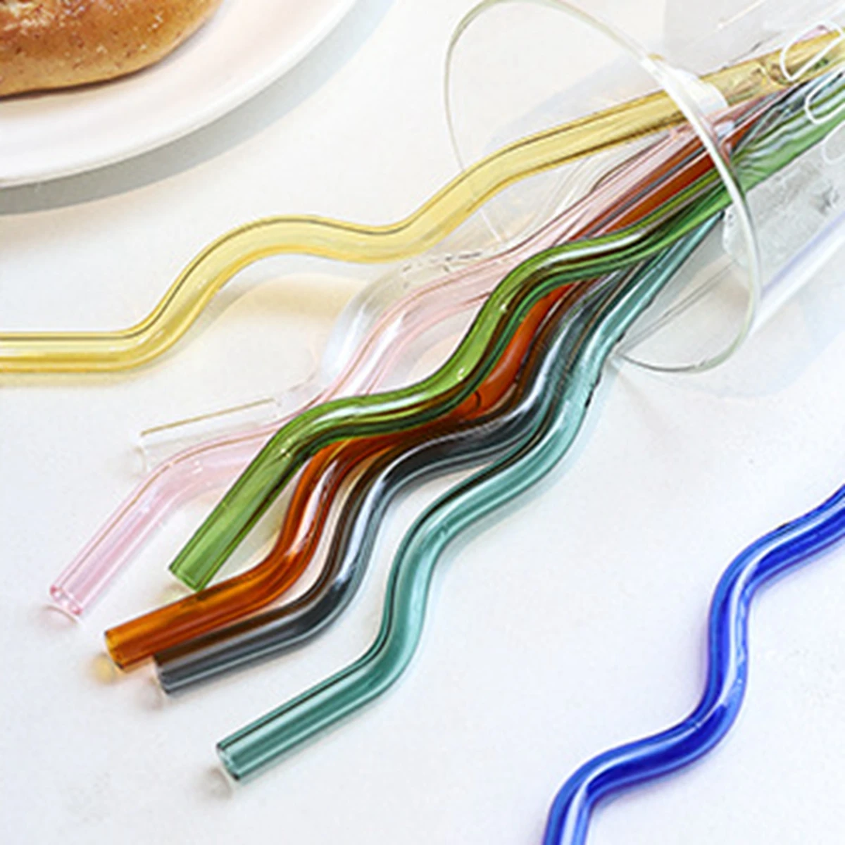 Drinking Straws Glass Straws Wavy Reusable Drinking Straws Colorful Eco-friendly Drinks Coffee Milk Tea Straw Dishwasher Safe Barware