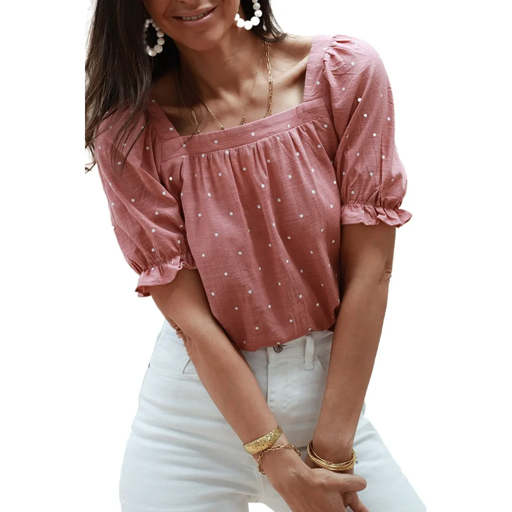 

Shiying Summer New Square Neck Pullover Short Sleeve Top Women's Design Sense T-shirt 25114349