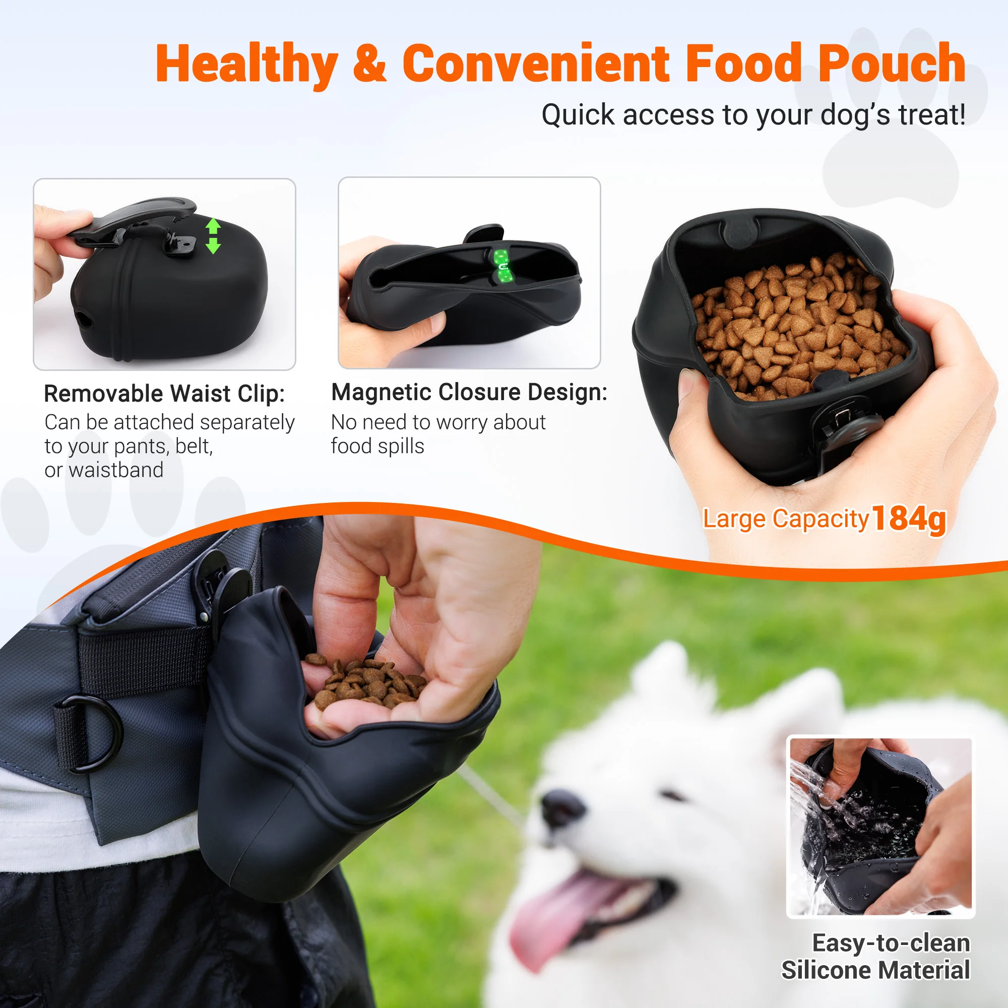 A product breakdown titled "Healthy & Convenient Food Pouch" showcasing a black silicone treat container with a magnetic closure, a removable waist clip, and a hand washing it under a faucet to demonstrate the "Easy-to-clean" material.