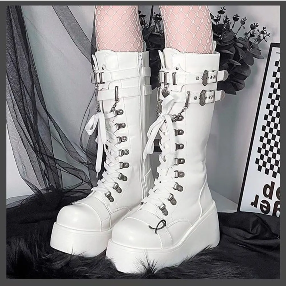 Gothic Style Platform Wedges Mid-calf Motorcycle Boots 2022