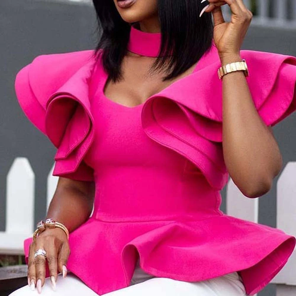 2022 Women Blouse Tops High Waist Elegant Dinner Shirts Lady Work Ruffle Sleeve Casual Peplum Blousa| | - AliExpress