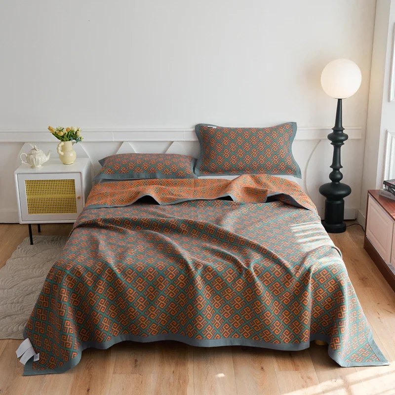 4 layers 100% Cotton blanket Jacquard home bed linen yarn dyed Bed cover stitch bed plaid summer double Blankets Bedspread bed sheet