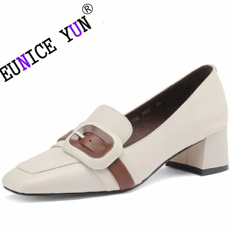 

【EUNICE YUN】Spring/Autumn Women Brand Genuine Leather Shoes for Women Square Toe Chunky Heel Shoes Casual Heel Pumps