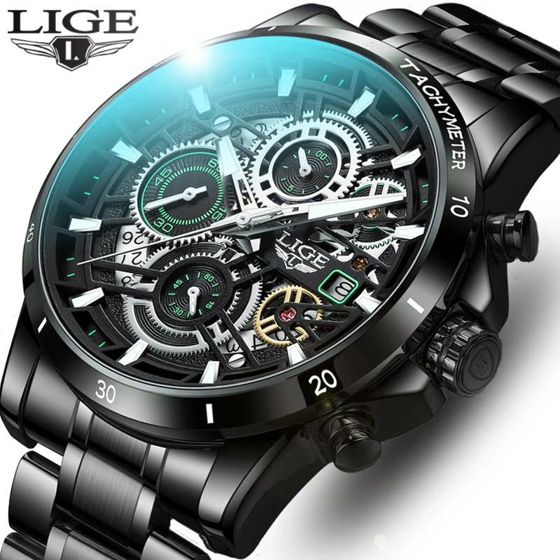 2023 LIGE Mens Watches Top Brand Stainless Steel Hollow Sports Waterproof Quartz Watch Men Military Wristwatch Relogio Masculino