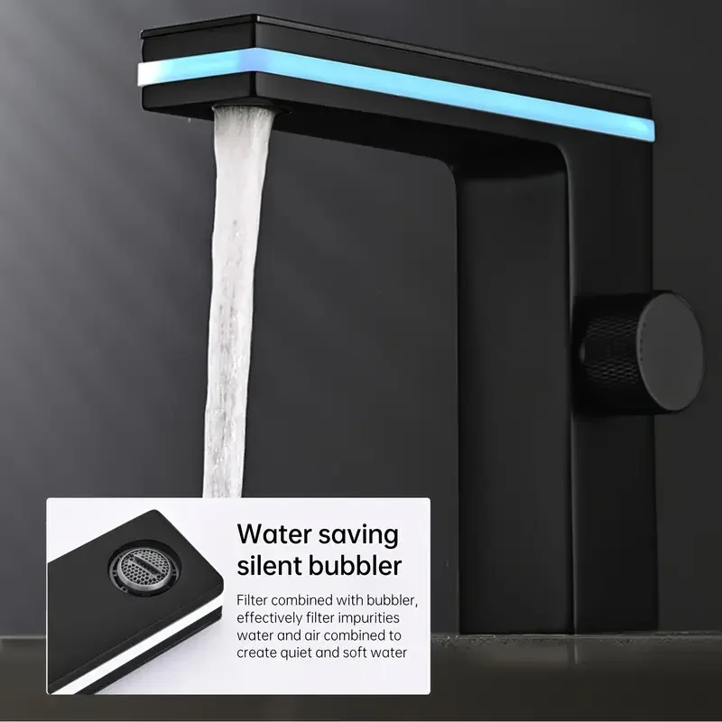 Modern Black Single Hole Bathroom Sink Faucet with Digital Temperature Display - Battery-Free Hydraulic Power