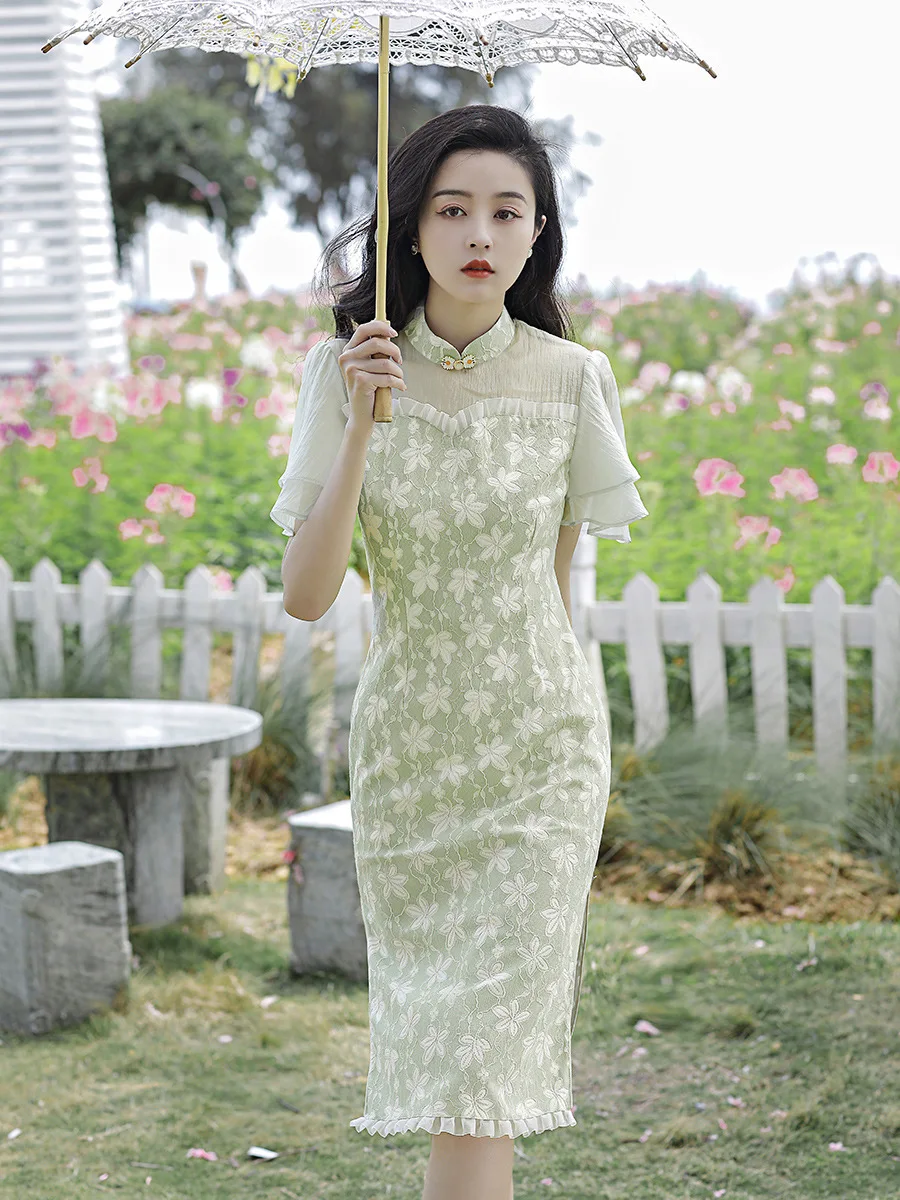 

Elegant Mandarin Collar Short Sleeve Embroidery Chiffon Cheongsam Women Sexy Chinese Traditional Handmade Buttons Qipao