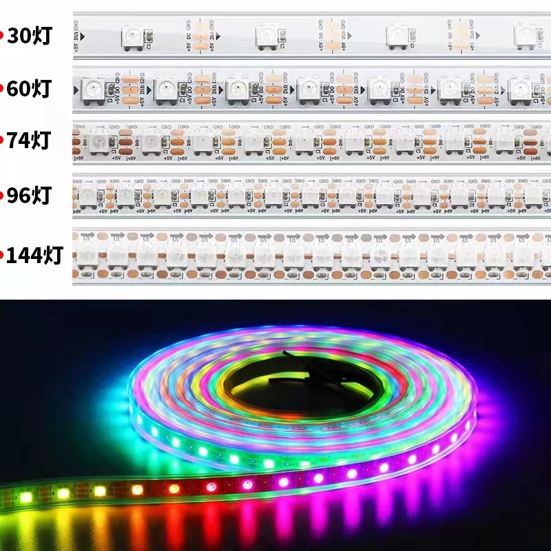 

5m/lot DC5V WS2812 5050 RGB Pixel Strip Tape Individuaily Addressable LED Lights 30/60/74/96/144 Pixels/m IP30/65/67 For TV Room