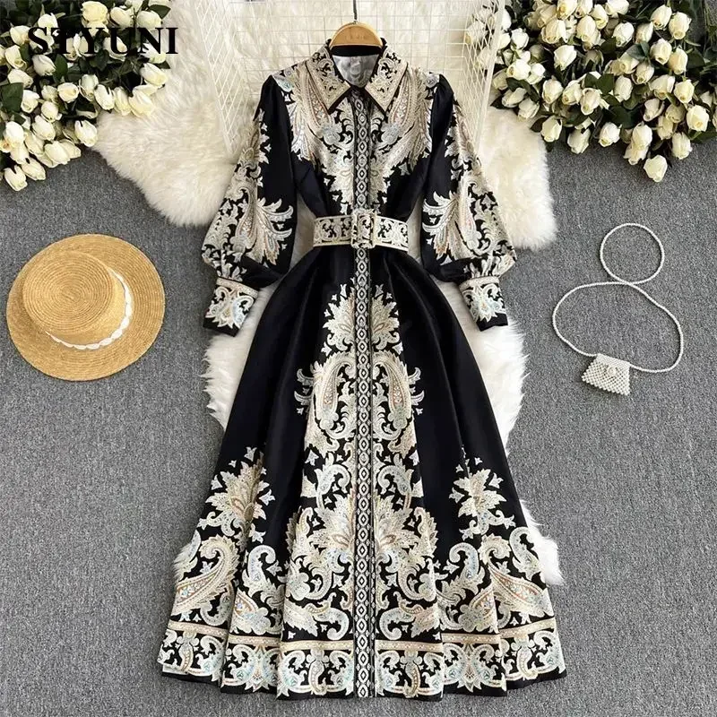 

Paisley Printing Vintage Turn-Down Collar Lantern Sleeve With Belt Dress Korean Fashion Mid-Calf- Dresses For Women 2023 F22