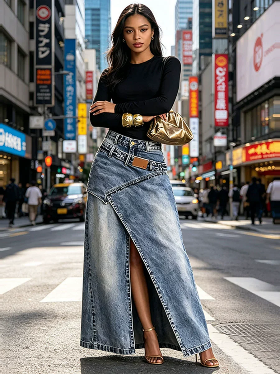 Streetwear Jeans Split Long Skirt Sexy Women High Waist Elegant Denim Club Party Skirt