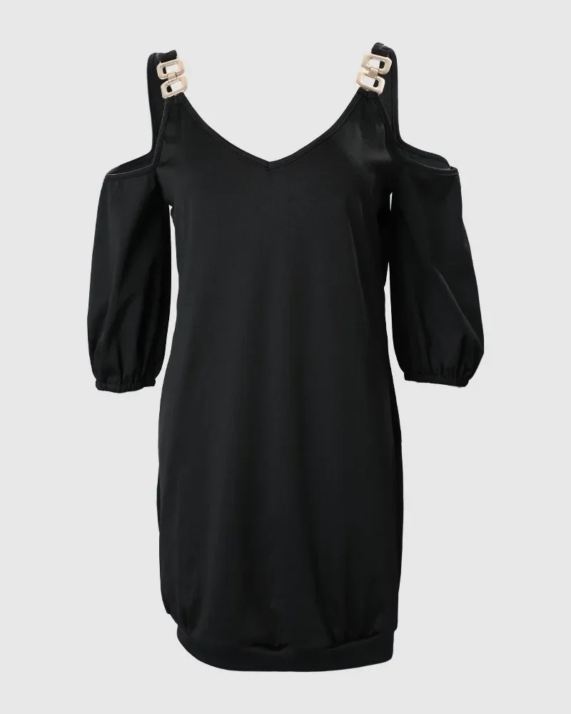 Metal Decor Cold Shoulder Casual Dress Women Sexy Half Sleeve High Waist Mini Dress V Neck