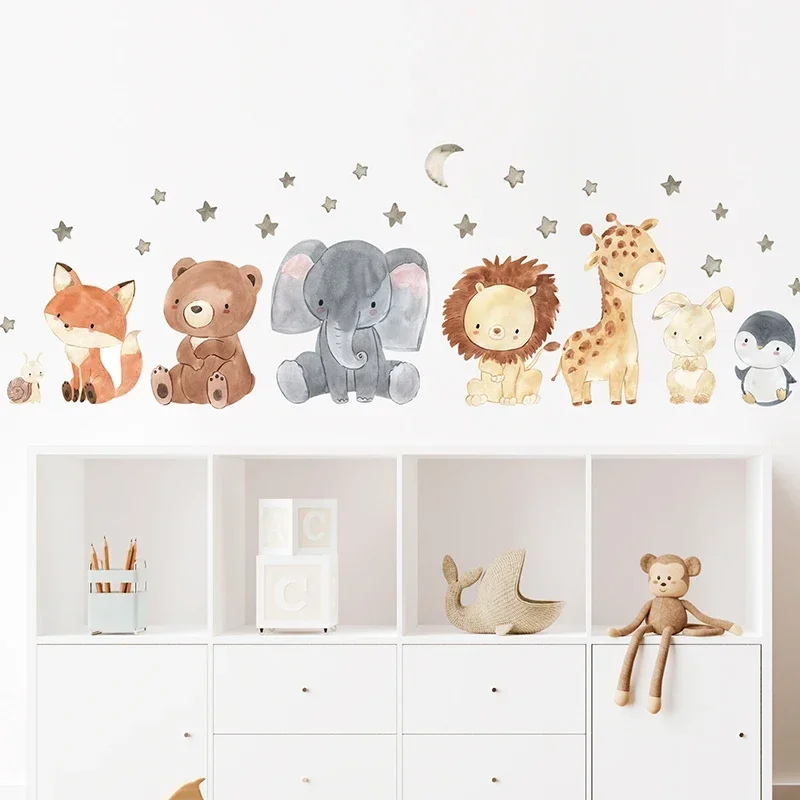 Watercolor Cartoon Cute Africa Animals Wall Stickers Elephant Giraffe Bear Fox Kids Room Wall Decals Decorative Sticker for