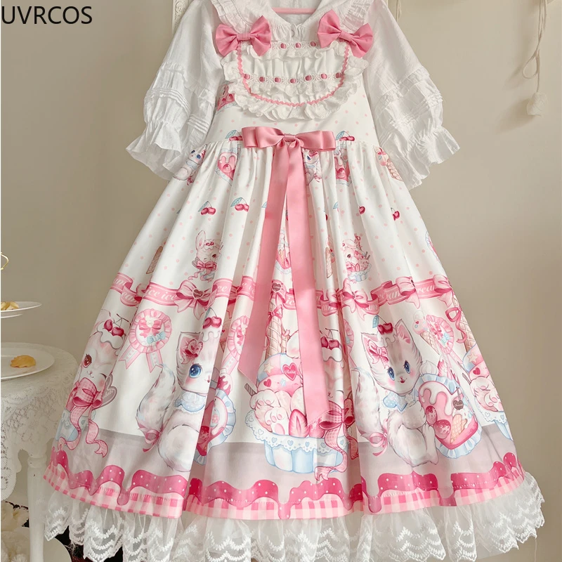 Japanese Dream Lolita Jsk Dress Women Kawaii Cute Cat Print Bow Lace Sleeveless Strap Dresses Girl Sweet Princess Party