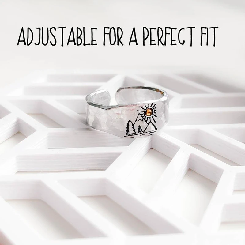 Vintage Ring Forest Mountain Sunset Nature Landscape Carved For Women Men Open Adjustable Jewelry