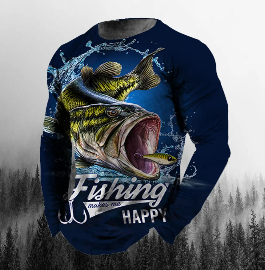 Camiseta con estampado de pesca para hombre, sudadera de manga larga con  cuello redondo, ropa de algodón de gran tamaño, informal, a la moda