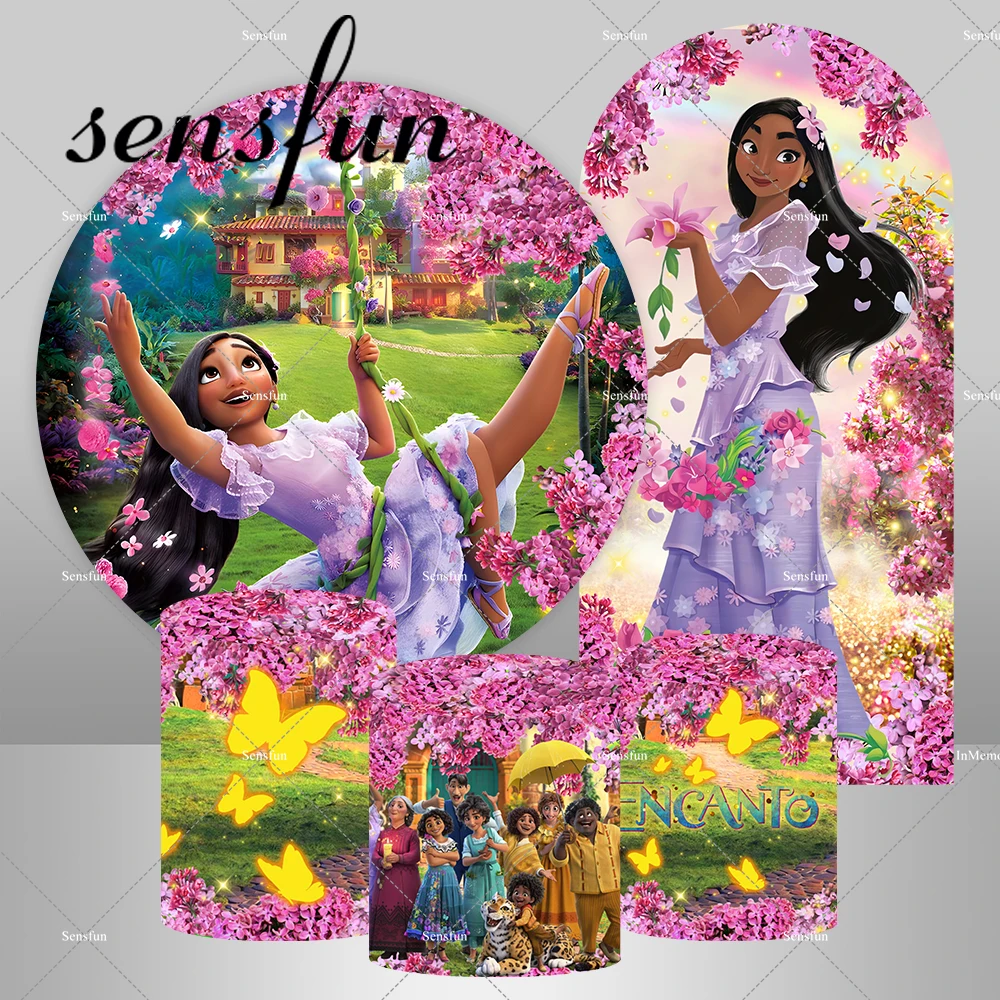 Pink Florals Encanto Lsabella Round Fondale Cover Per Ragazze Birthday Party Decor Butterfly Plinth Covers Chiara Arch Background