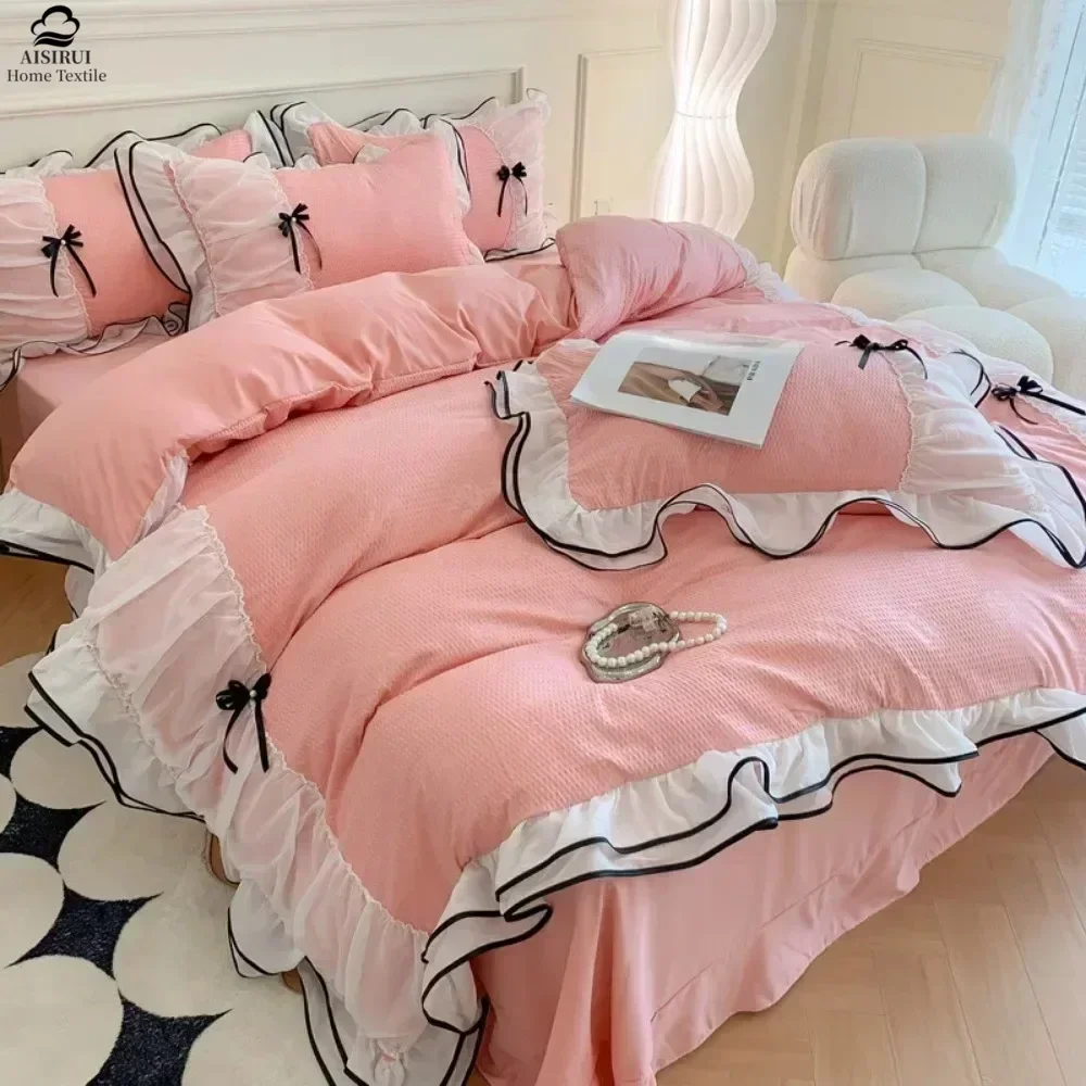 

Ins Princess Wind Quilt Cover Four-piece Set Girly Heart Solid Color Bed Sheet Dormitory Bed Three-piece Set Linen Sheets Sets