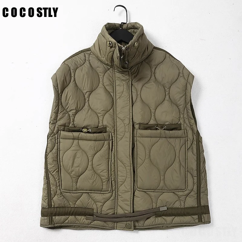 

Cocost 2023 Autumn Winter Stand Neck Pocket Drawstring Sleeveless Jacket Cotton Vest Parka Women Loose Warm Waistcoats Tank Coat