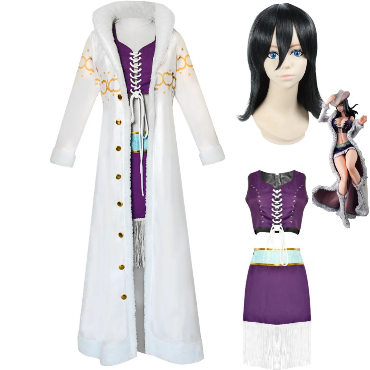 

Anime Nico·Robin Cosplay Costume Miss·Allsunday Wig Large Fur Collar White Cape Windbreaker Woman Sexy Halloween Carnival Suit