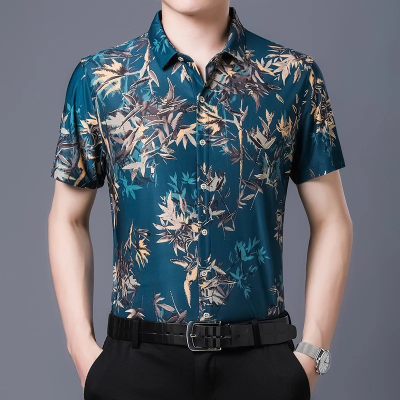 

Summer New Casual Printed Gilded Mens Shirts Hawaiian Quick Dry Soft Short Sleeve Beachwear Shirt Tops Lapels