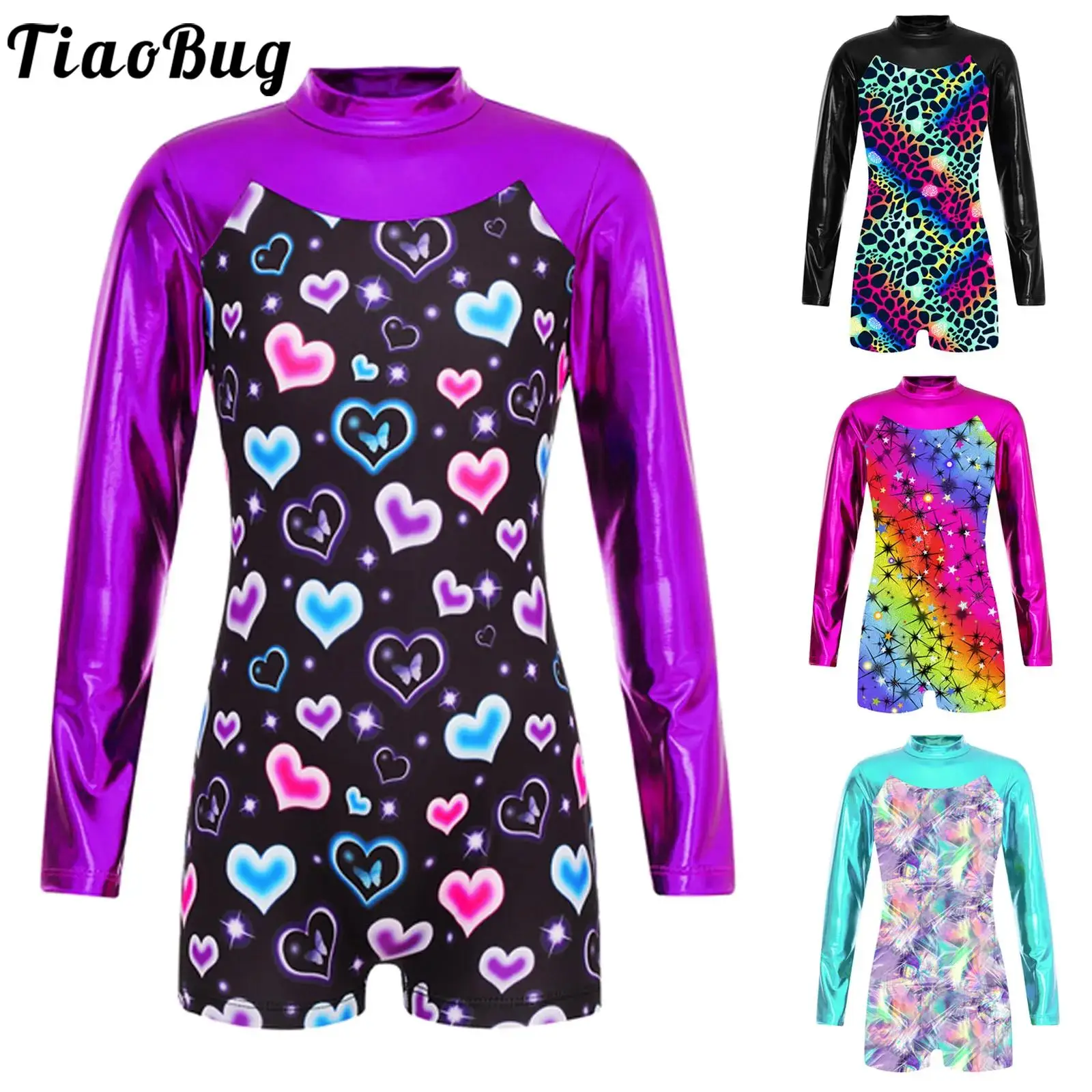 Girls One-piece Sport Bodysuit Long Sleeve Keyhole Back Metallic Pu Patchwork Boyleg Dance Leotard Gymnastic Athletic Jumpsuit
