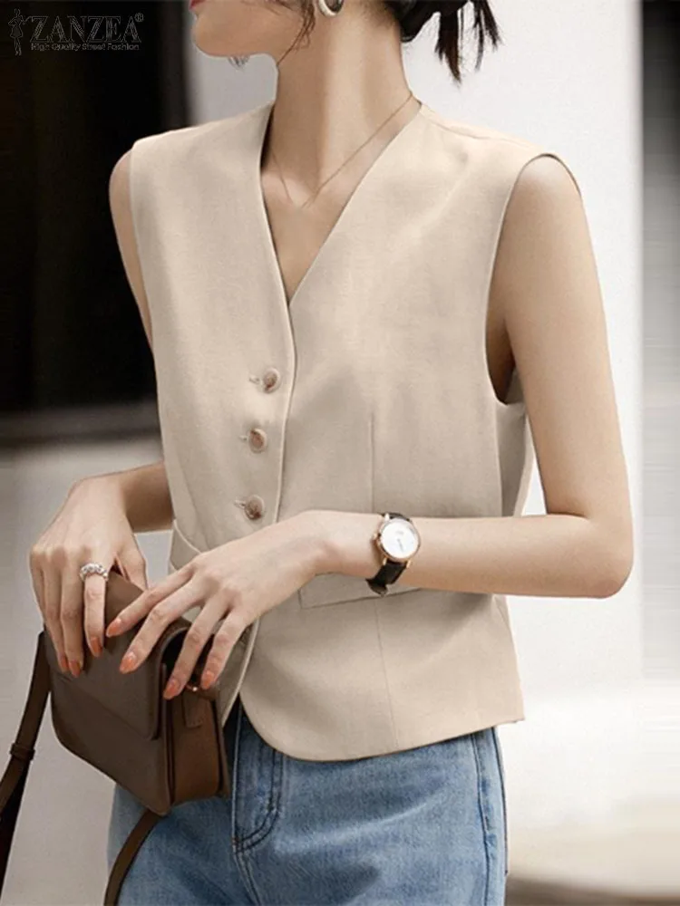 ZANZEA Women Sleeveless Suit Vests Fashion V-Neck Office Waistcoat 2024 Summer OL Solid Color Outwear Gilet Single-breasted Tops