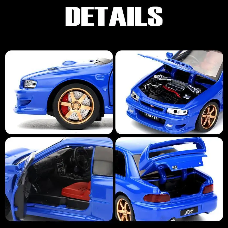 1/32 Subaru Impreza WRX 22B STI JDM Toy Car Model Diecast Metal Vehicle Miniature Sound & Light Pull Back Collection Gift Kid 3