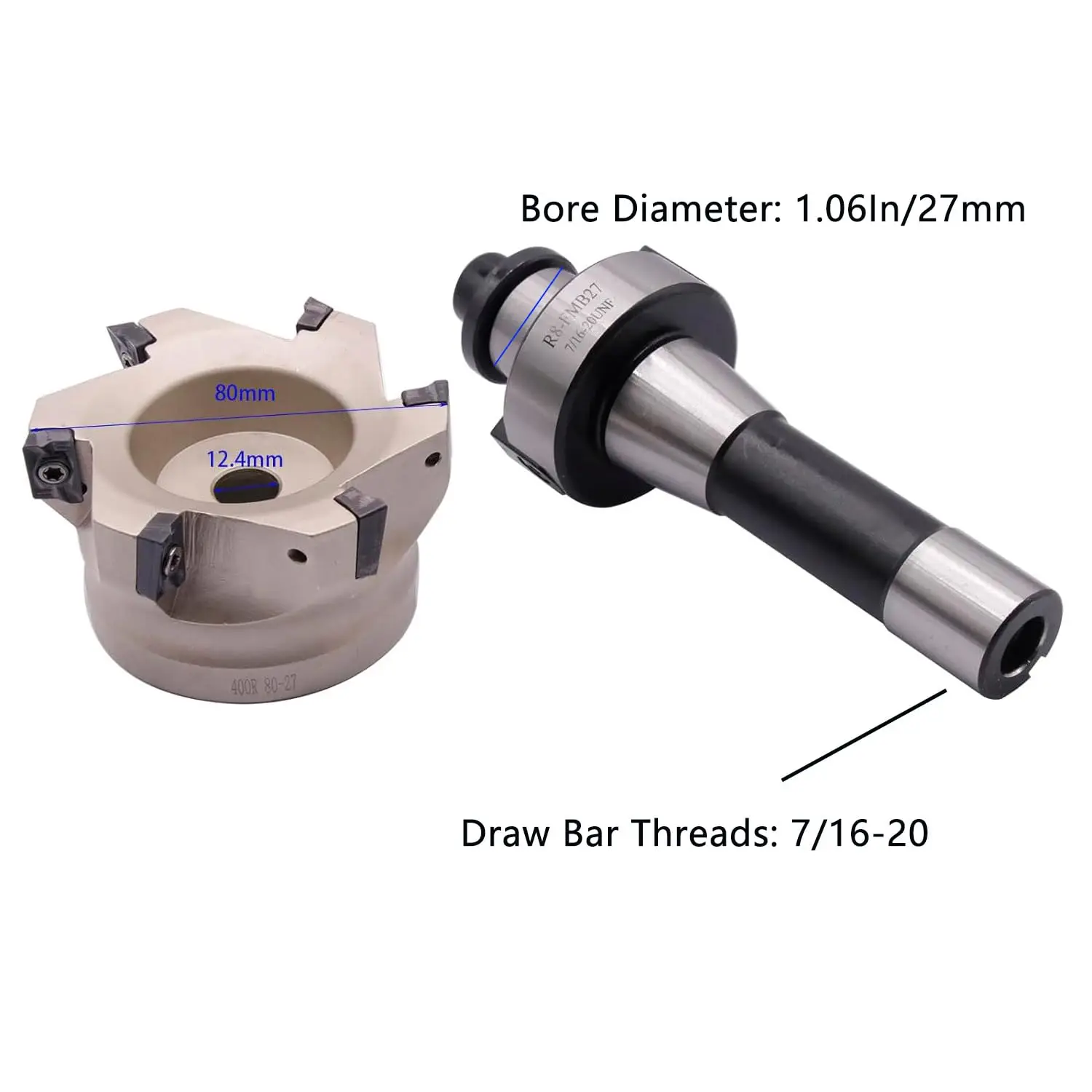 CNC 페이스 엔드 밀링 쉘 C, R8 FMB27 7/16-20UNF 생크 페이스 엔드 밀 아버 및 3.15 인치/80mm 절삭 직경 6-플루트 400R-80-27-6T