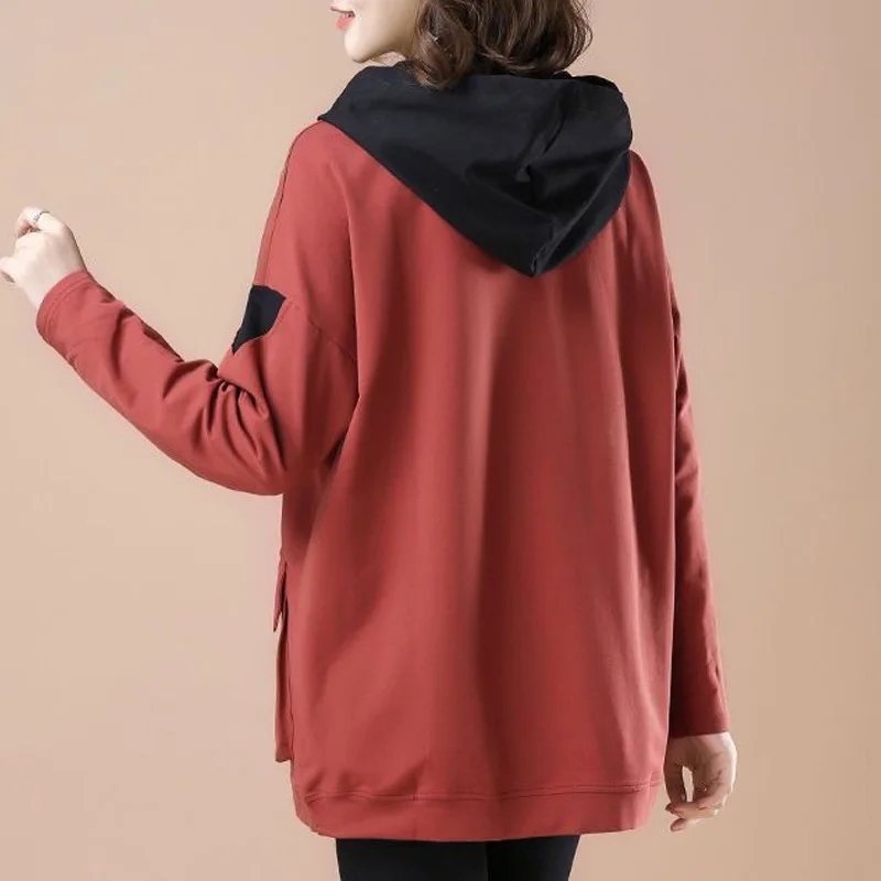 2023 New Spring and Autumn Fashion Design Fake Two Piece Hooded Panel Pocket Loose Relaxed Oversize Women's Mid Length Sweater