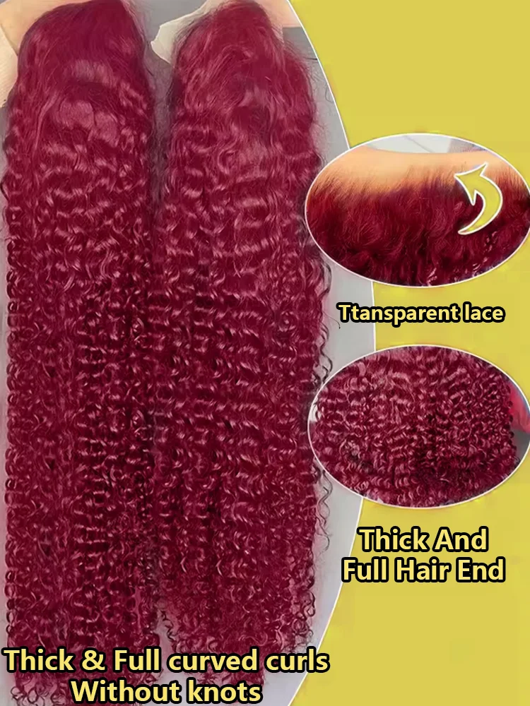 30 40 Inch 99J Burgundy 13X6 Hd Curly Lace Frontal Human Hair Wig Red Colored 13X4 Transparent Lace Deep Wave Frontal Wig